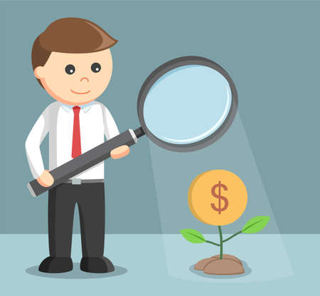 businessman giving light to his money plant with magnify glassのイラスト素材