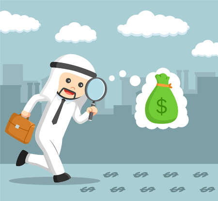 arab businessmen follow the money trail with a magnifying glassのイラスト素材
