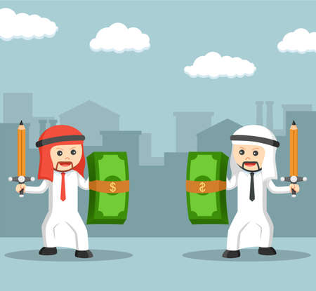 arab business fighting with pencil sword and money shieldのイラスト素材