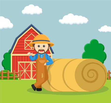 farmer leaning on straw rollのイラスト素材