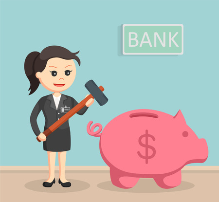 Female bank teller want to break piggy bankのイラスト素材
