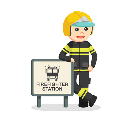fireman with firefighter station signのイラスト素材