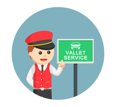 male valet with valet service sign in circle backgroundのイラスト素材