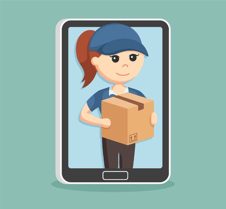 delivery woman in tabletのイラスト素材