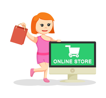 girl with shopping bags and online store pcのイラスト素材