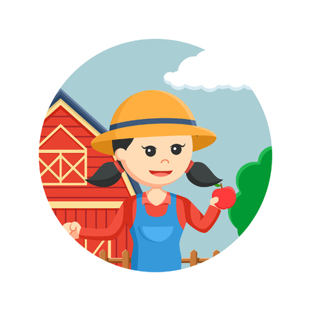 farmer woman holding apple in circle backgroundのイラスト素材