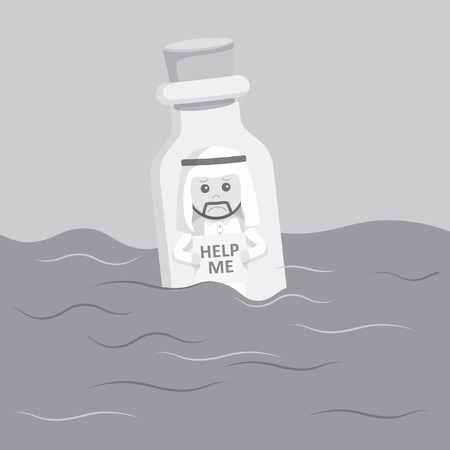arabian businessman in floating bottle black and white color styleのイラスト素材
