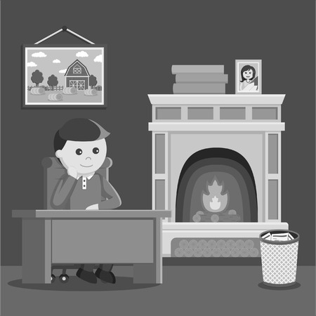 black and white man sitting and see fireplace black and white styleのイラスト素材