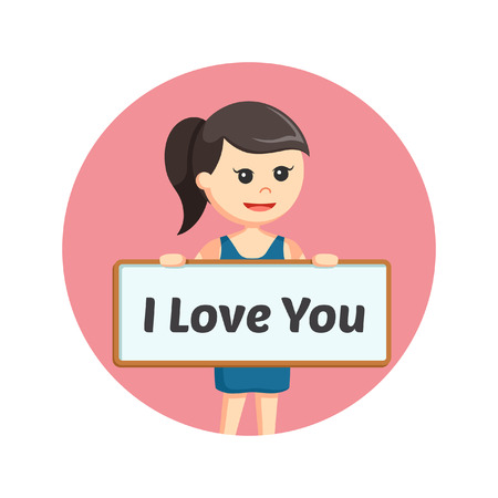 girl holding i love you board sign in circle backgroundのイラスト素材