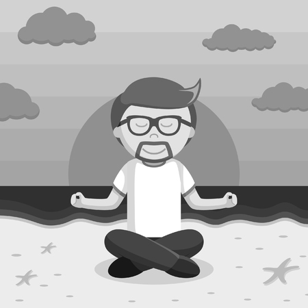 man meditating on the beach black and white styleのイラスト素材