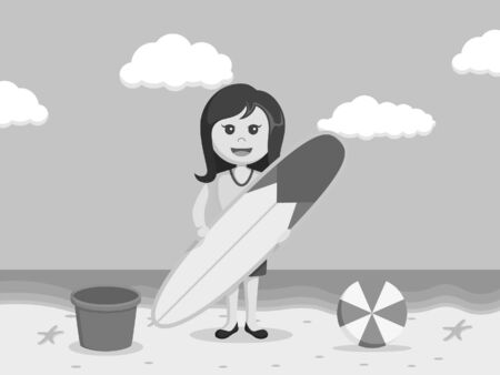 Black and white woman holding surfing board black and white styleのイラスト素材