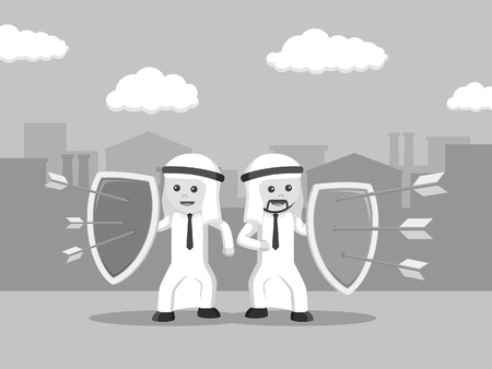 black and white two arab businessman protecting each other with shield black and white styleのイラスト素材