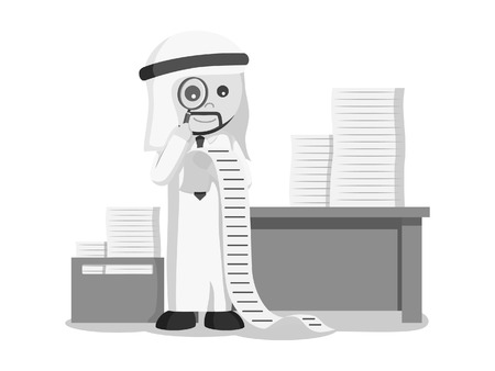 black and white arab businessman using magnifying glass to searching his task black and white styleのイラスト素材
