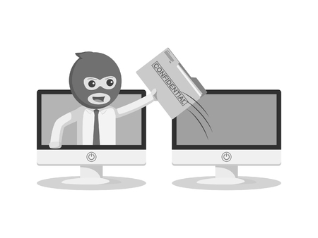 black and white businessman stealing confidential file from his partner computer black and white styleのイラスト素材