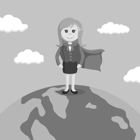 super businesswoman standing on globe black and white color styleのイラスト素材