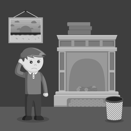 man confuse because no fire in his fireplace black and white styleのイラスト素材