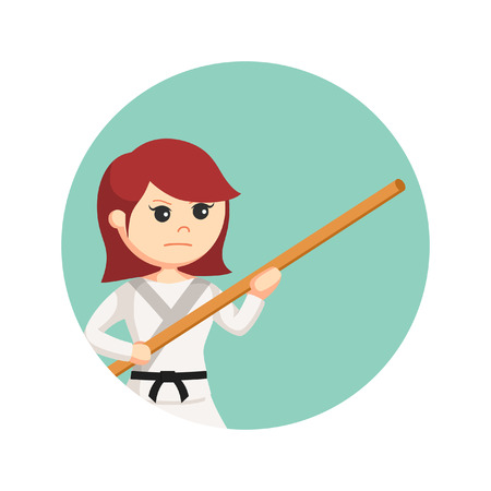 karate woman holding bo staff in circle backgroundのイラスト素材