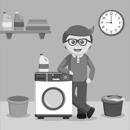 Man stand beside wash machine black and white style.のイラスト素材