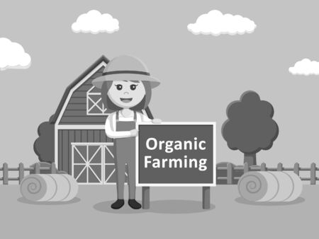Woman farmer with organic farming sign black and white color styleのイラスト素材