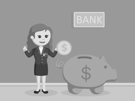 female bank teller holding coins beside of giant piggy bank black and white styleの写真素材