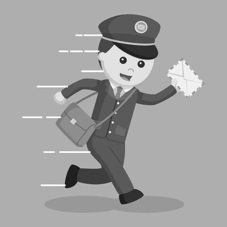 black and white postman running delivering letter black and white styleの写真素材