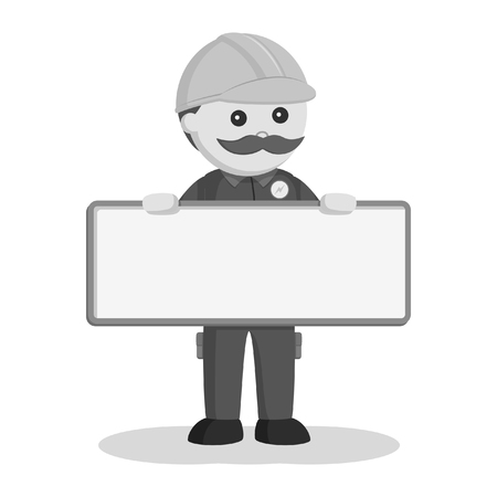 fat electrician with empty board sign black and white styleのイラスト素材