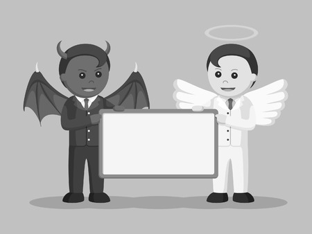 Devil and angel businessman holding board black and white style.のイラスト素材