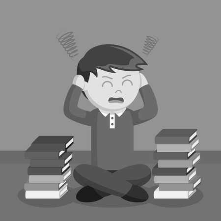 Teen boy stress out with school books black and white styleのイラスト素材