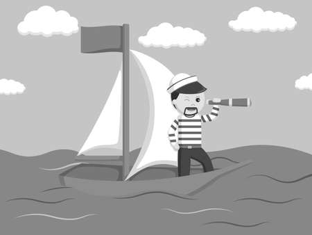 sailor on ship illustration design black and white styleのイラスト素材