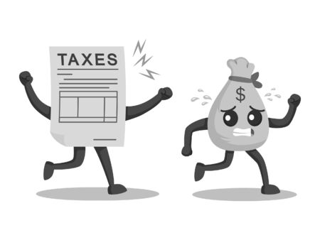 money sack character escaping from taxes black and white styleのイラスト素材