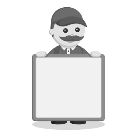 Delivery man holding blank board in black and white style.のイラスト素材