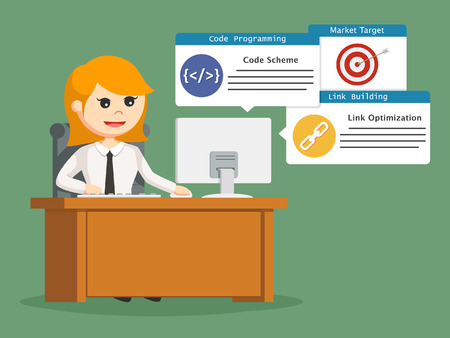 Businesswoman using PC with SEO elementsのイラスト素材