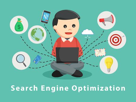 Man with laptop and SEO iconsのイラスト素材