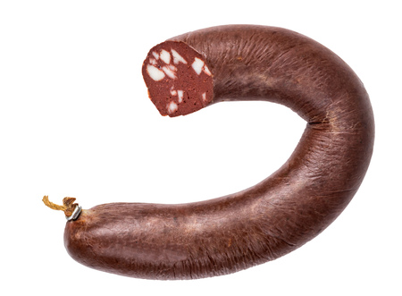 Black sausage isolated on white with clipping pathの写真素材