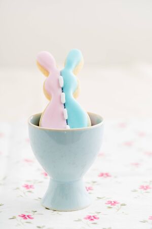 Patchwork Easter bunny sugar cookie in egg cup