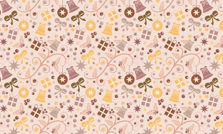 Natural coloured Christmas seamless pattern with baubles, stars, parcels, bells, holly and ribbonsのイラスト素材