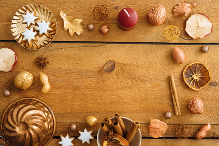 Christmas background, mockup, postcard or website header design with copyspace on wooden tableの写真素材
