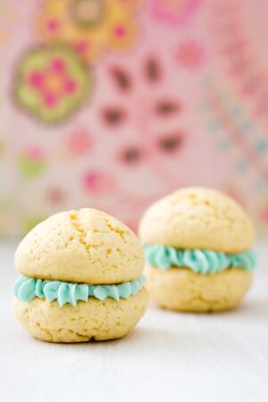 Vanilla whoopie pies with turquoise buttercream fillingの写真素材