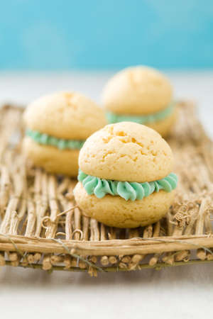 Vanilla whoopie pies with turquoise buttercream fillingの写真素材
