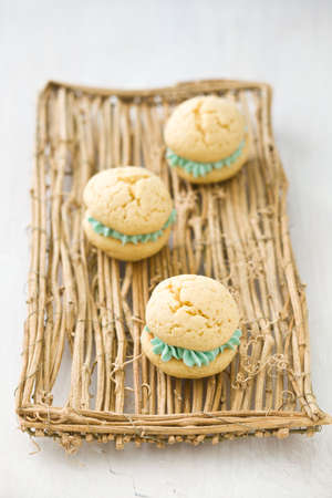 Vanilla whoopie pies with turquoise buttercream fillingの写真素材