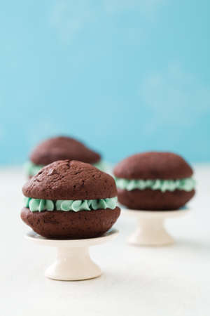 Chocolate whoopie pies with turquoise buttercream fillingの写真素材