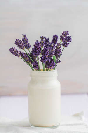 Bouquet of fresh lavender in a white vaseの写真素材
