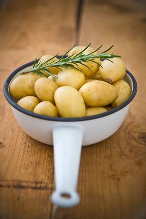 Potatoes with rosemary twig in a vintage enamel skilletの写真素材