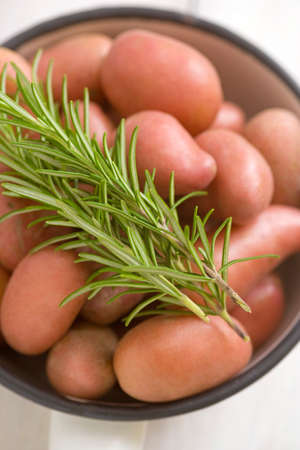 Potatoes with rosemary twig in a vintage enamel skilletの写真素材