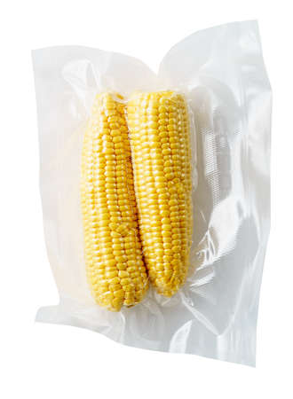Vacuum sealed fresh corncobs for sous vide cooking cutout on whiteの写真素材