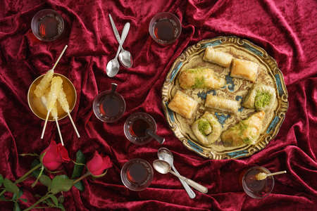 Turkish tea time with baklava shot from aboveの写真素材