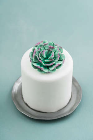 White mini wedding cake covered with fondant with gum paste succulent on a pewter plateの写真素材