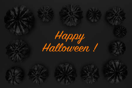 3d rendering of black shiny Halloween pumpkins with the word Happy Halloween in the centerの写真素材