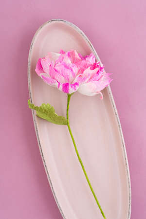 Single pink crepe paper peony on pink wooden backgroundの写真素材