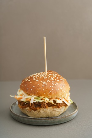 Pulled pork burger with homemade burger bun, pulled pork and coleslawの写真素材